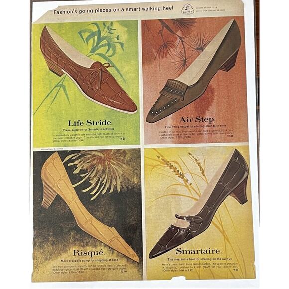 Vtg 1960s Fashion Womens Shoes Print Ad Heels Kitten Pumps Gold Brown Red - Picture 1 of 1